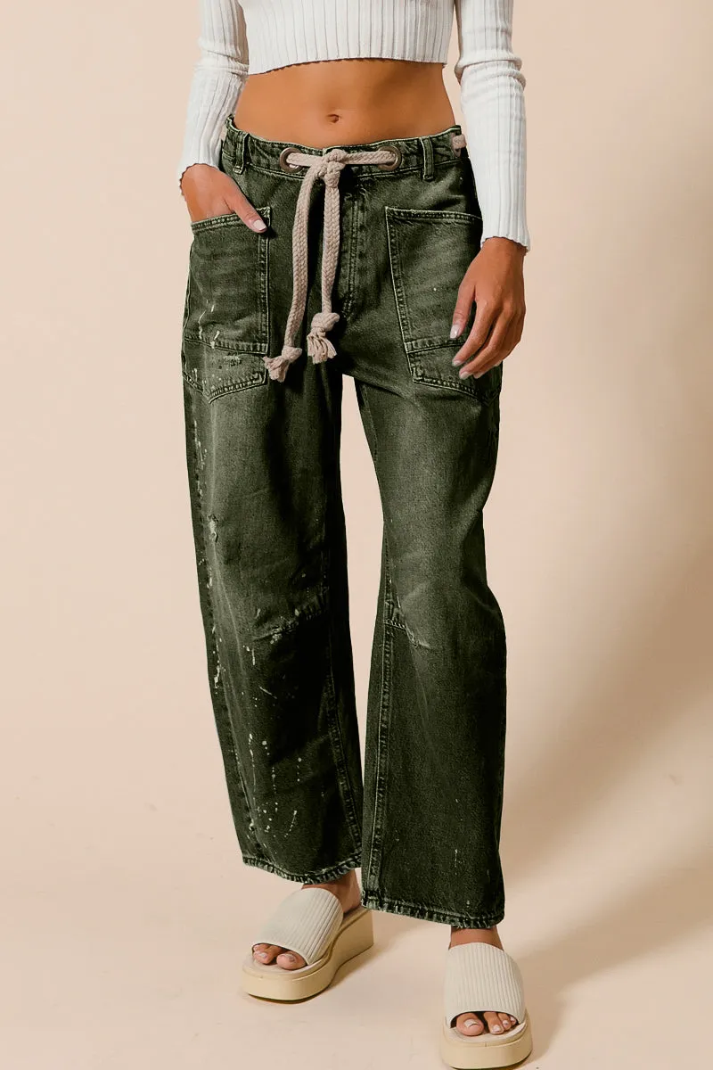 TemperatureRegulation Core Cut IB1537-01 | BRAIDED WAIST BELT DRIP PAINT WASHED DENIM PANTS
