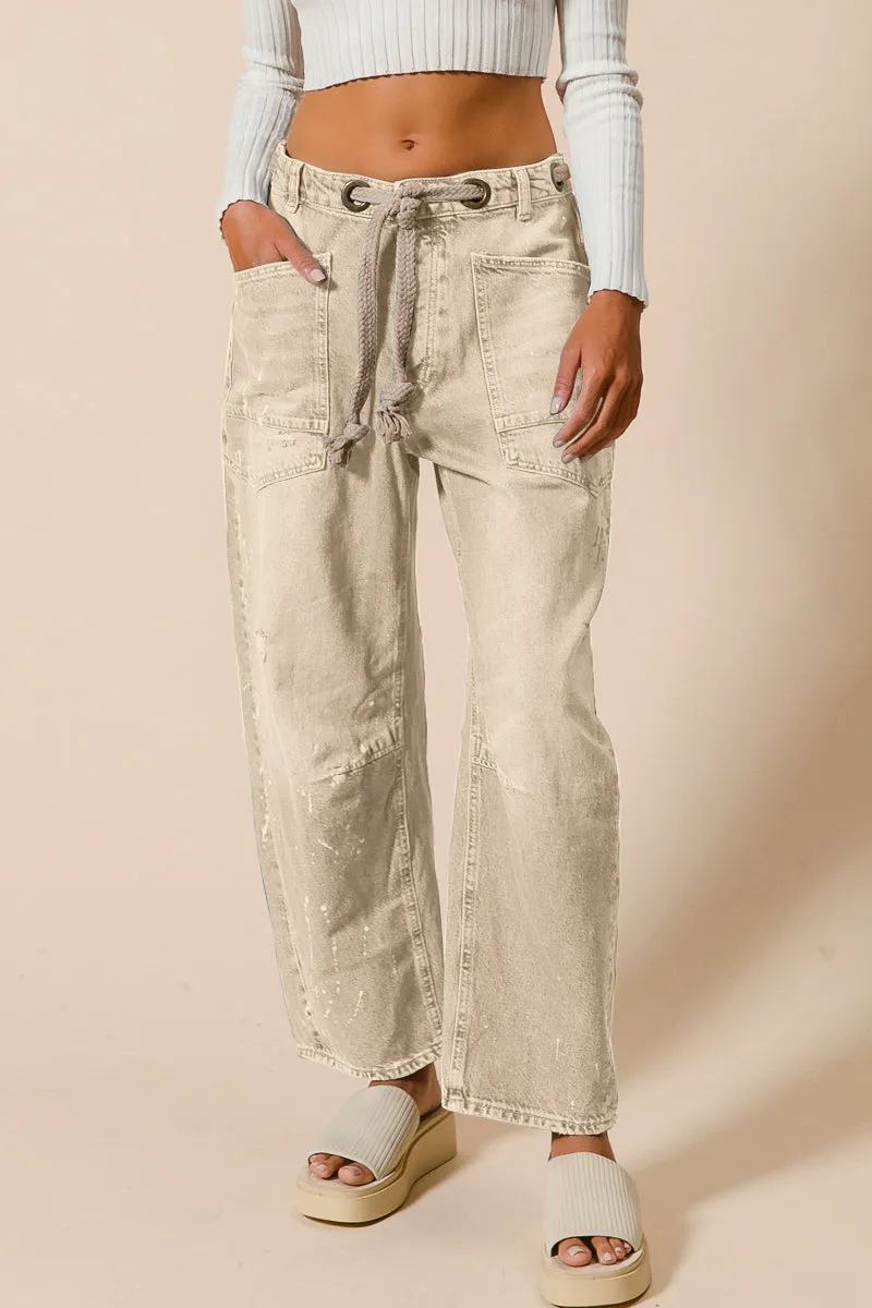 ReflectiveTrim Stretchable IB1537-01 | BRAIDED WAIST BELT DRIP PAINT WASHED DENIM PANTS