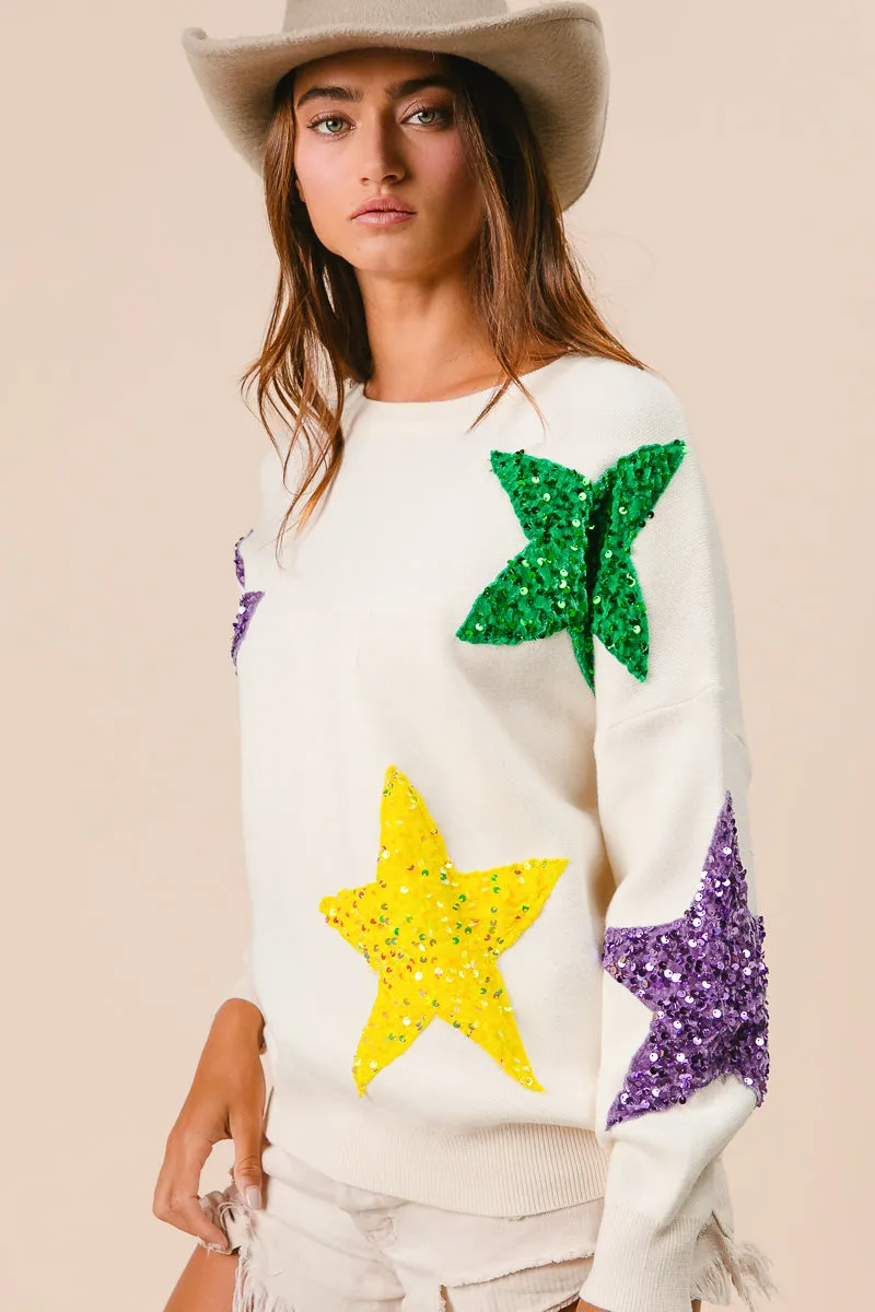 Flex Fit SturdyBeltLoops IT3107-01 | SEQUIN VELVET STAR PATCHES MARDI GRAS SWEATER
