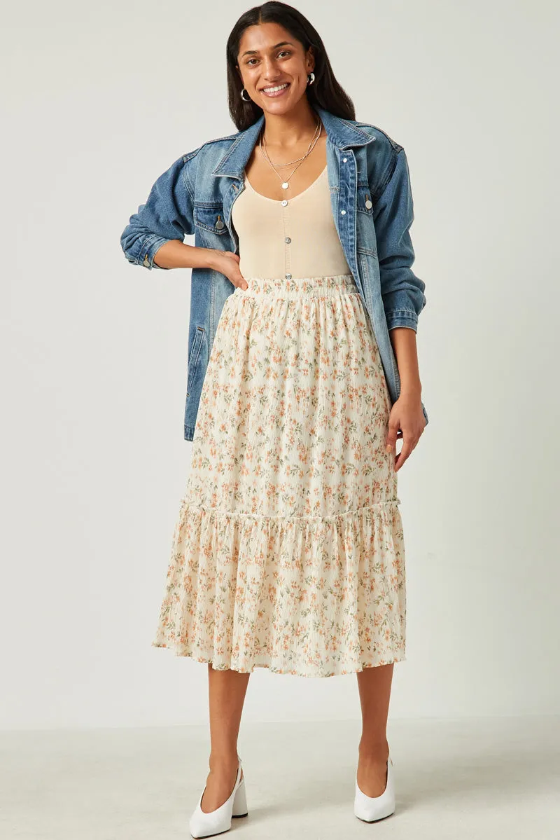 Crinkle Textured Floral Ruffle Midi Skirt Flexible Durability