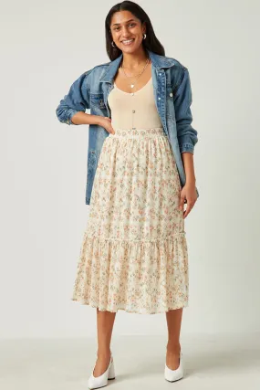 Durable Hemming Flexible Knee Panels Crinkle Textured Floral Ruffle Midi Skirt