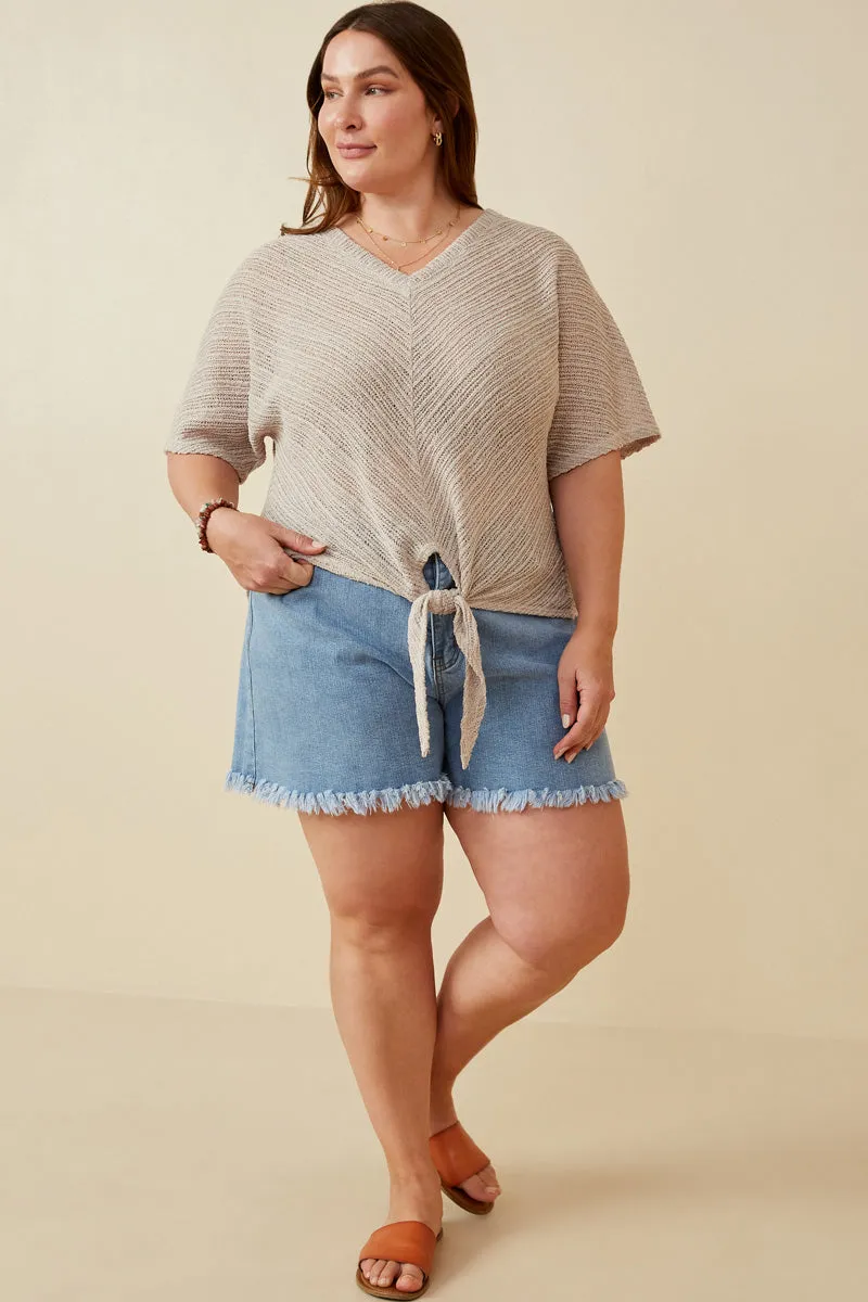 Womens Textured Ribbed Tie Front V Neck Top Basic Tee Comfortable Style