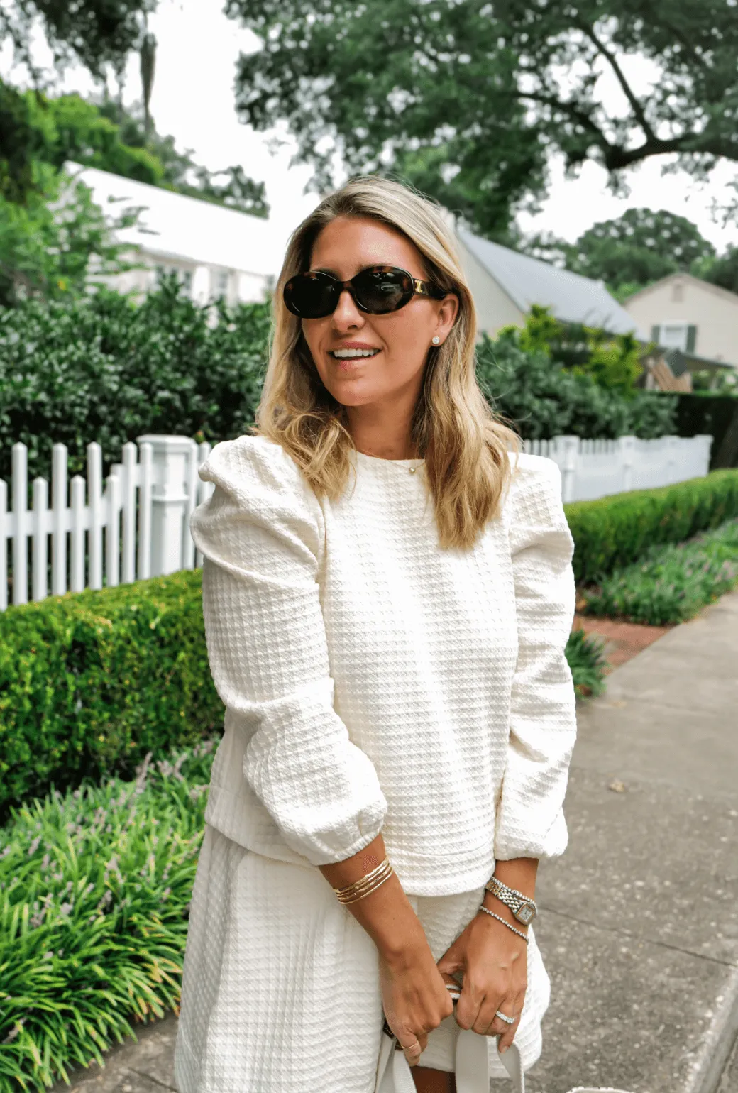 Drop Shoulder Silhouette Lightweight pullover Buru x Megan Stokes Long Sleeve Puff Sleeve Top - Ivory Knit Tweed