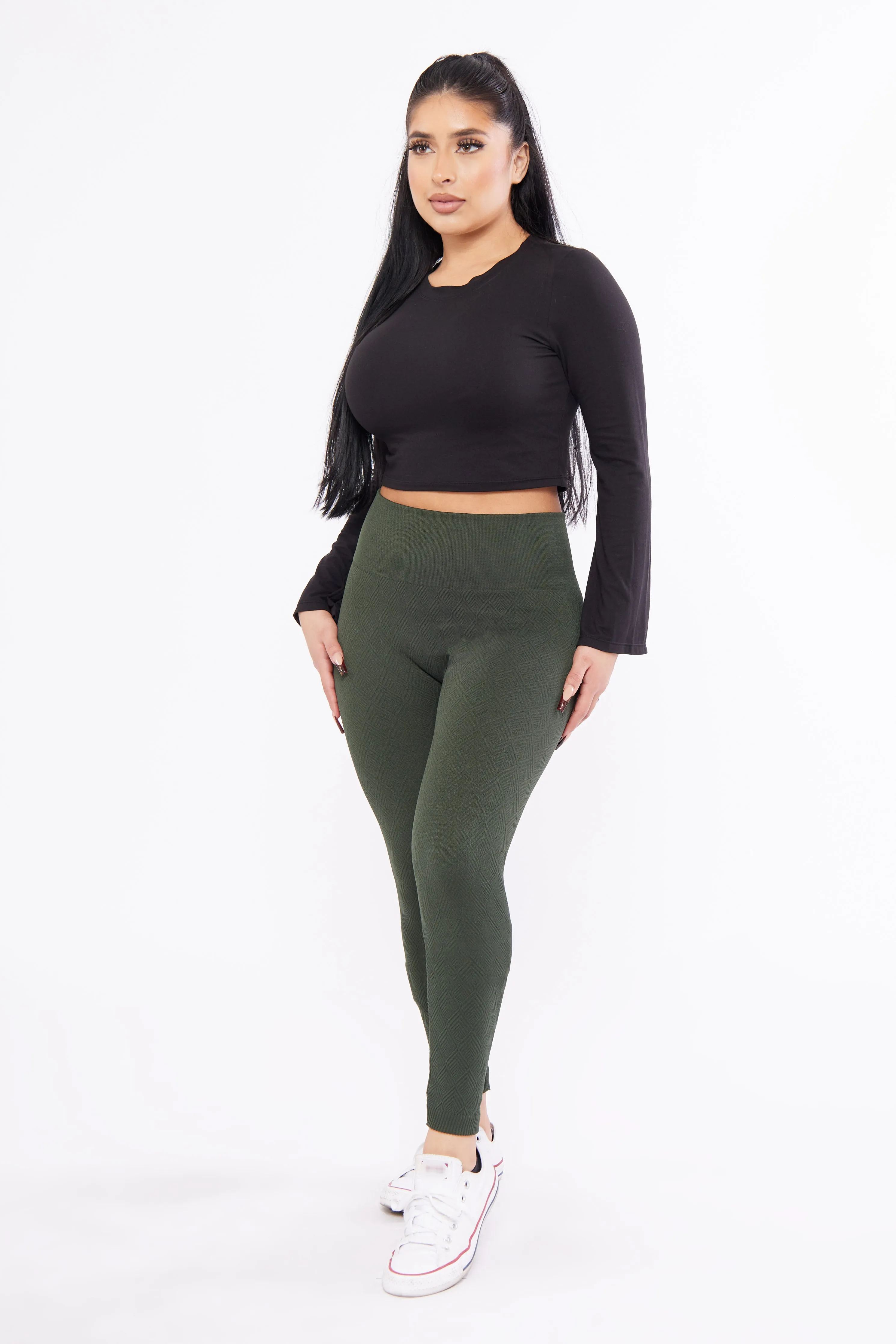 Knit Legging Diamond Pattern Fleece Lined Leggings High-rise waist Bootcut shape