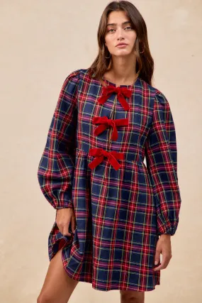 Hooded style ID2052S-01 | CHRISTMAS PLAID FRONT VELVET TIED DRESS
