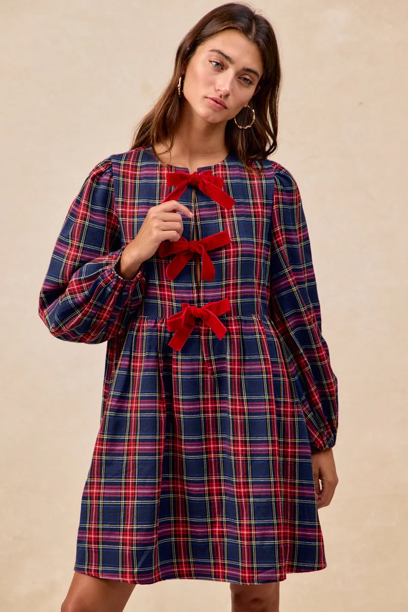 HypoallergenicMaterial ID2052S-01 | CHRISTMAS PLAID FRONT VELVET TIED DRESS