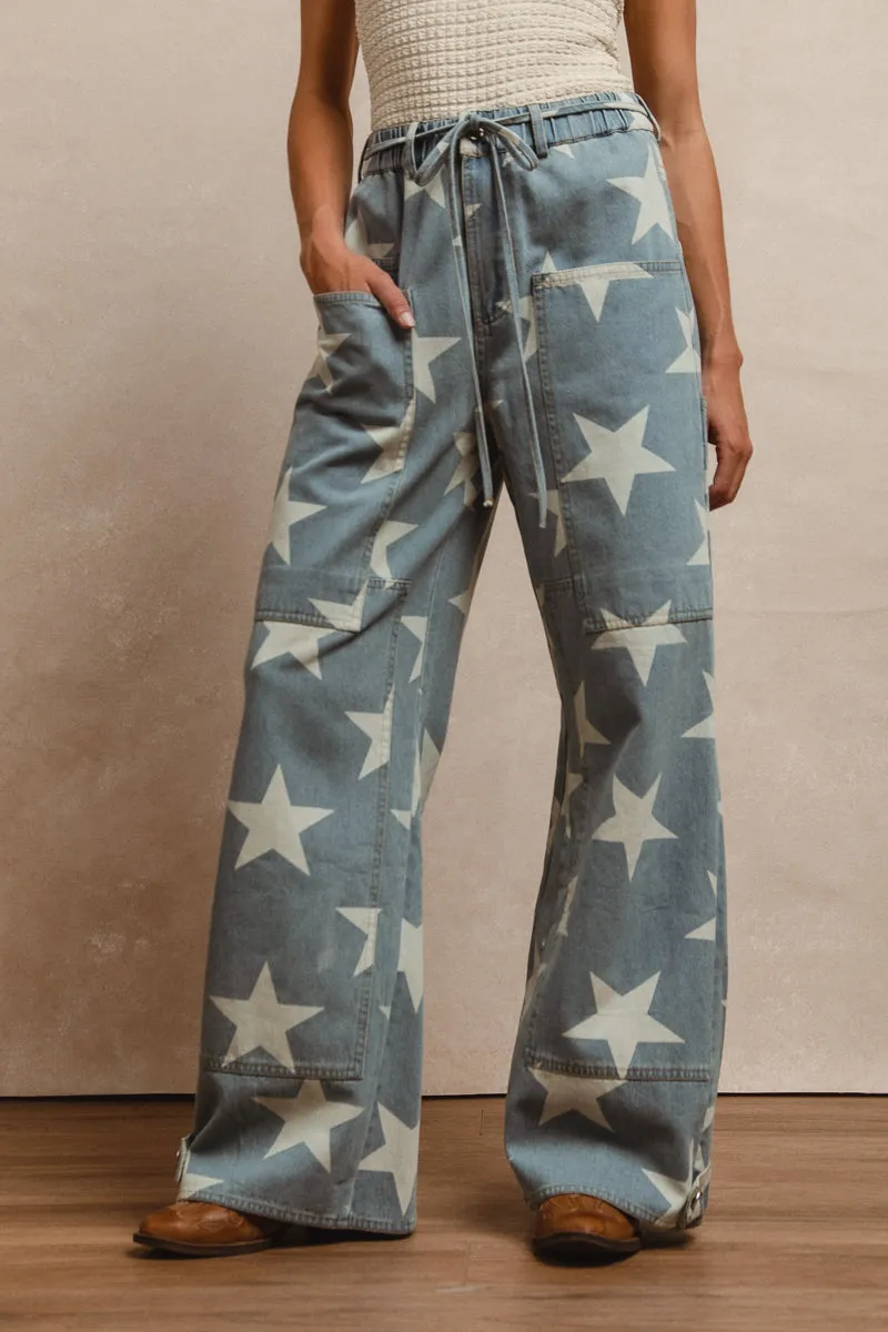 IB1544R-02 | WASHED STAR DENIM WAIST TIE LONG PANTS StaticDissipativeFabric