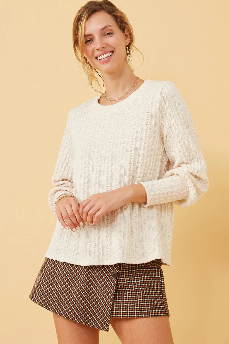 Non Chafing Side Seams Long Cuff Cable Knit Pullover Top