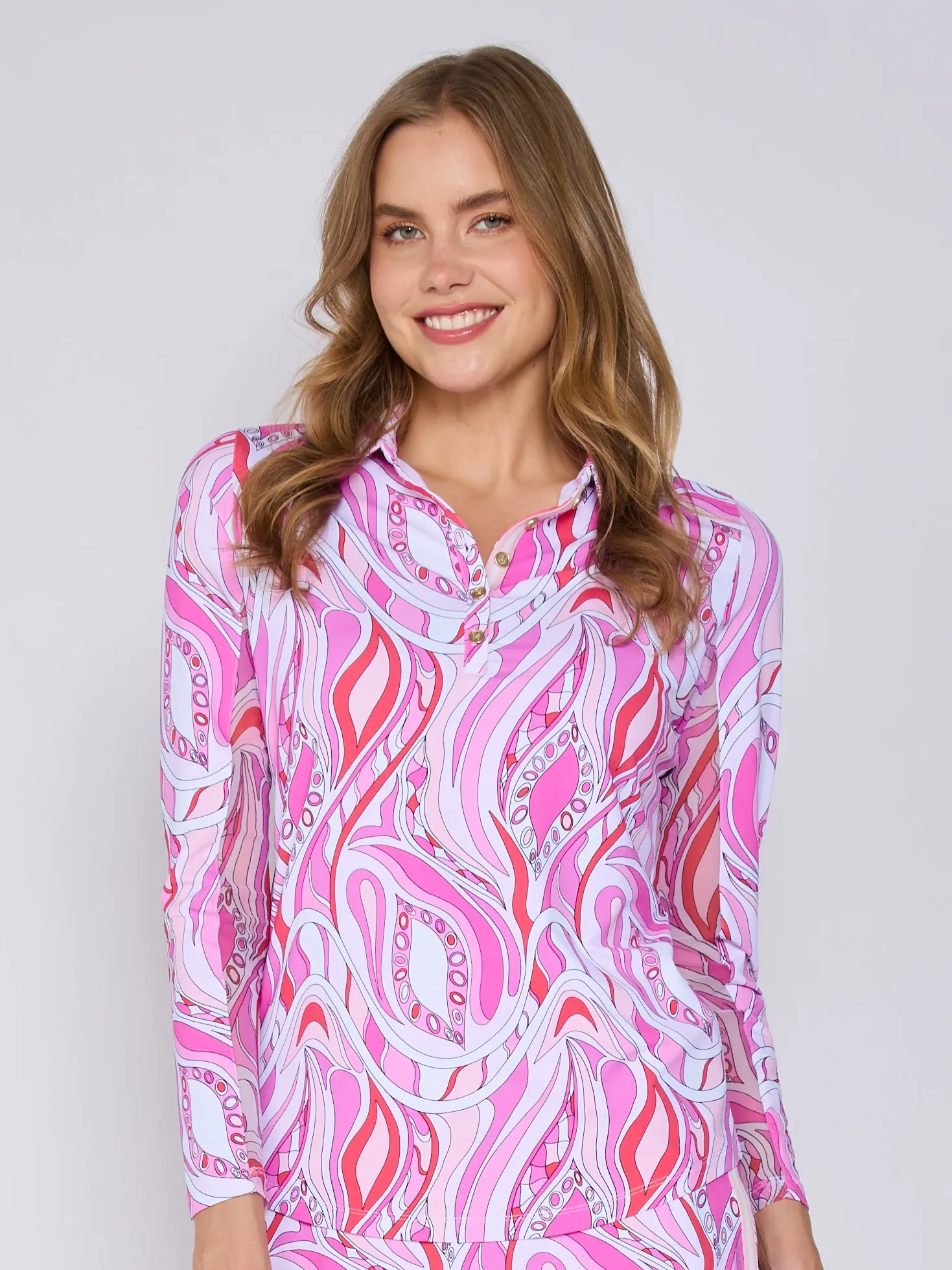 Laser Cut Edges Flexible Ribbed Cuffs Button Down Long Sleeve Polo in Pink Mirage