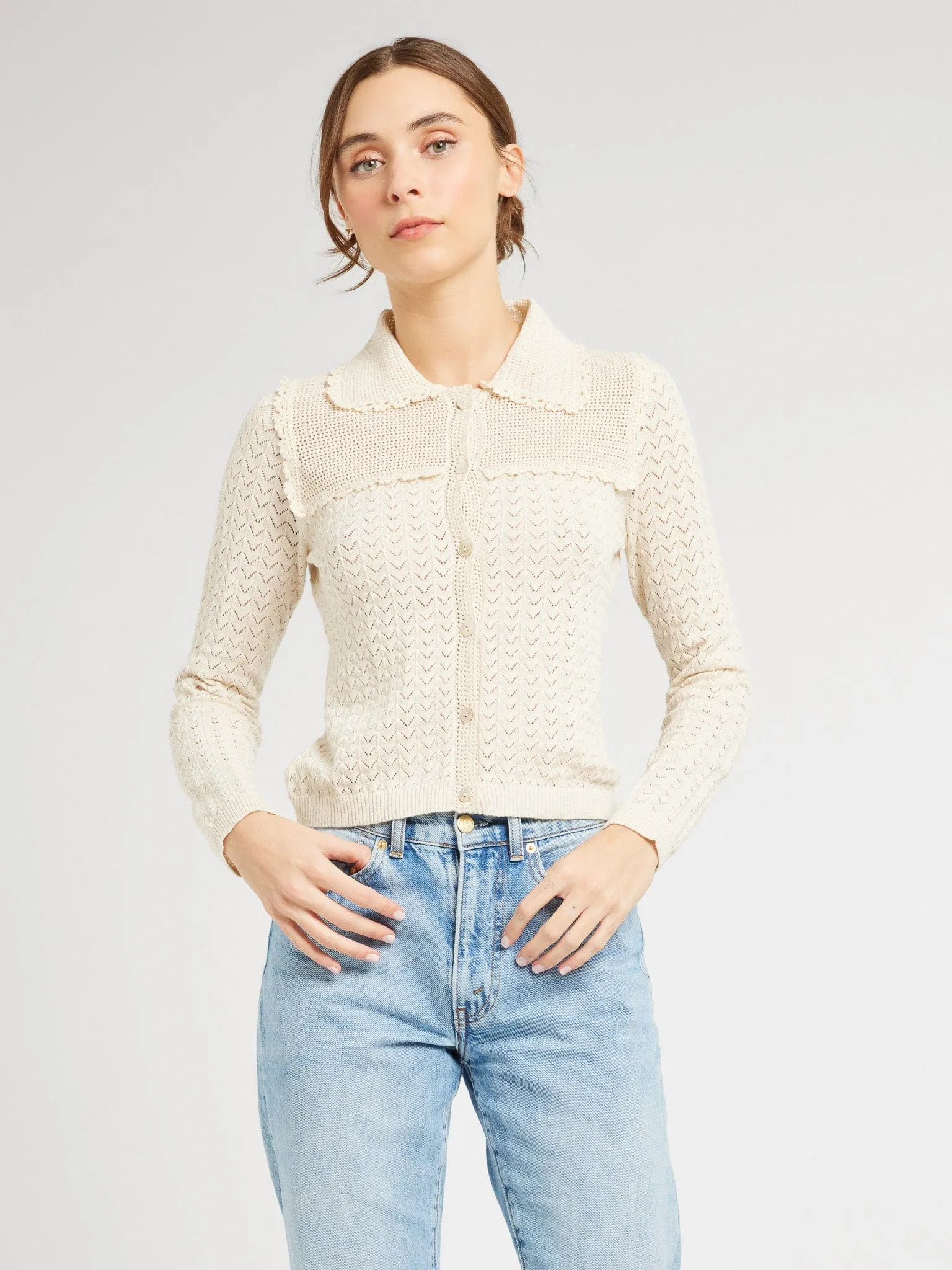 Andie Cardigan in Ivory Contrast Topstitching Detail Long Sleeve Shirt