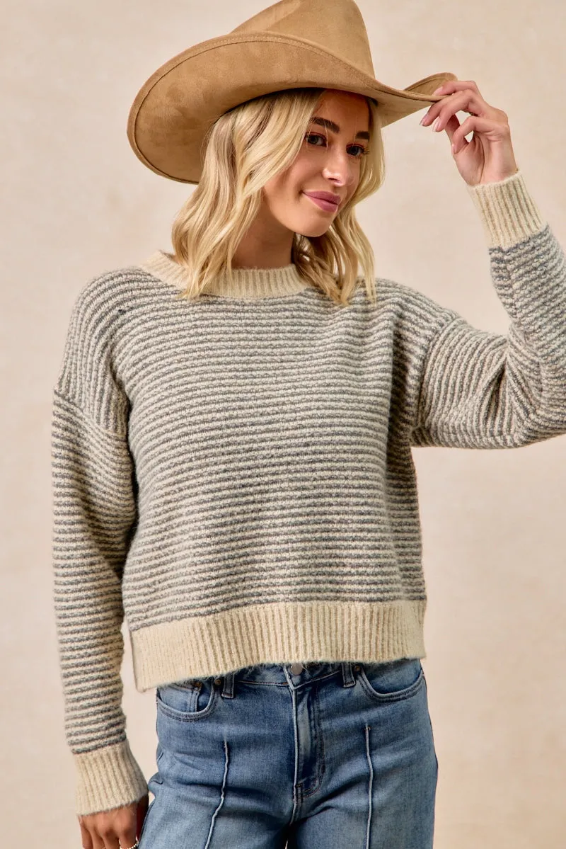 IT4716-01 | TWO TONE STRIPED SWEATER TOP Functional Look Modular Pocket System