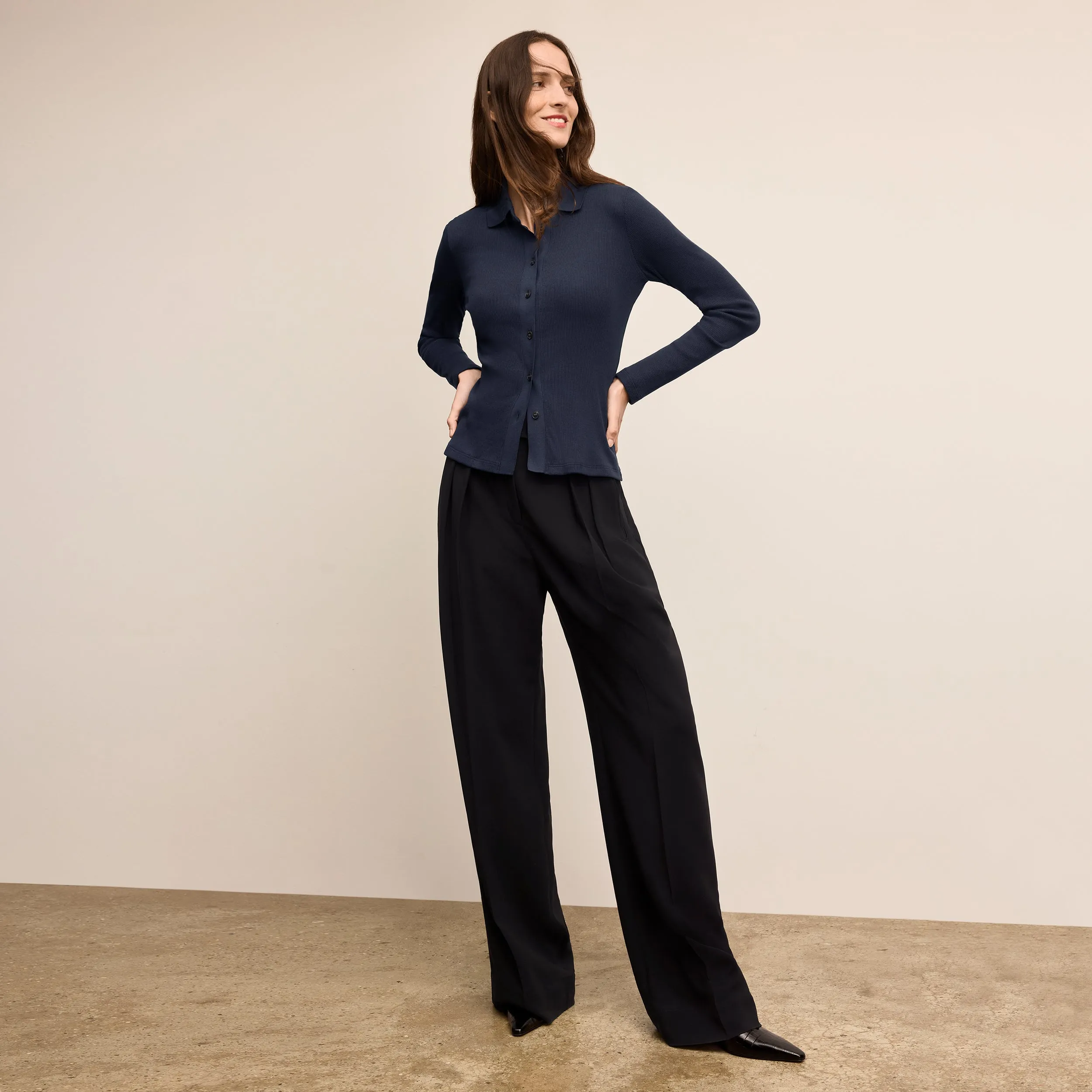 Shrinkage Prevention Treatment Nala Knit Button-Down - Plush Pima :: Dark Navy