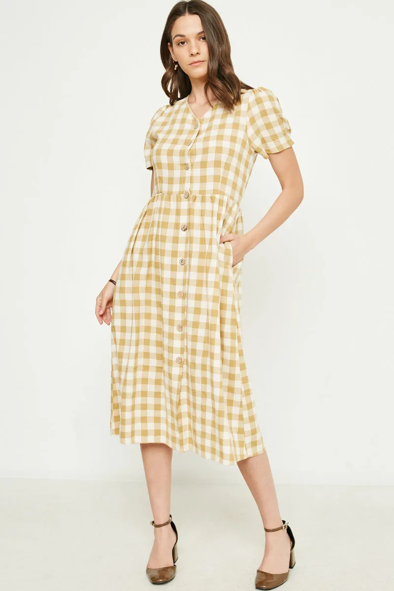 Plaid Button Up Bow Back Dress Dreamy Simplicity Applique-Detail