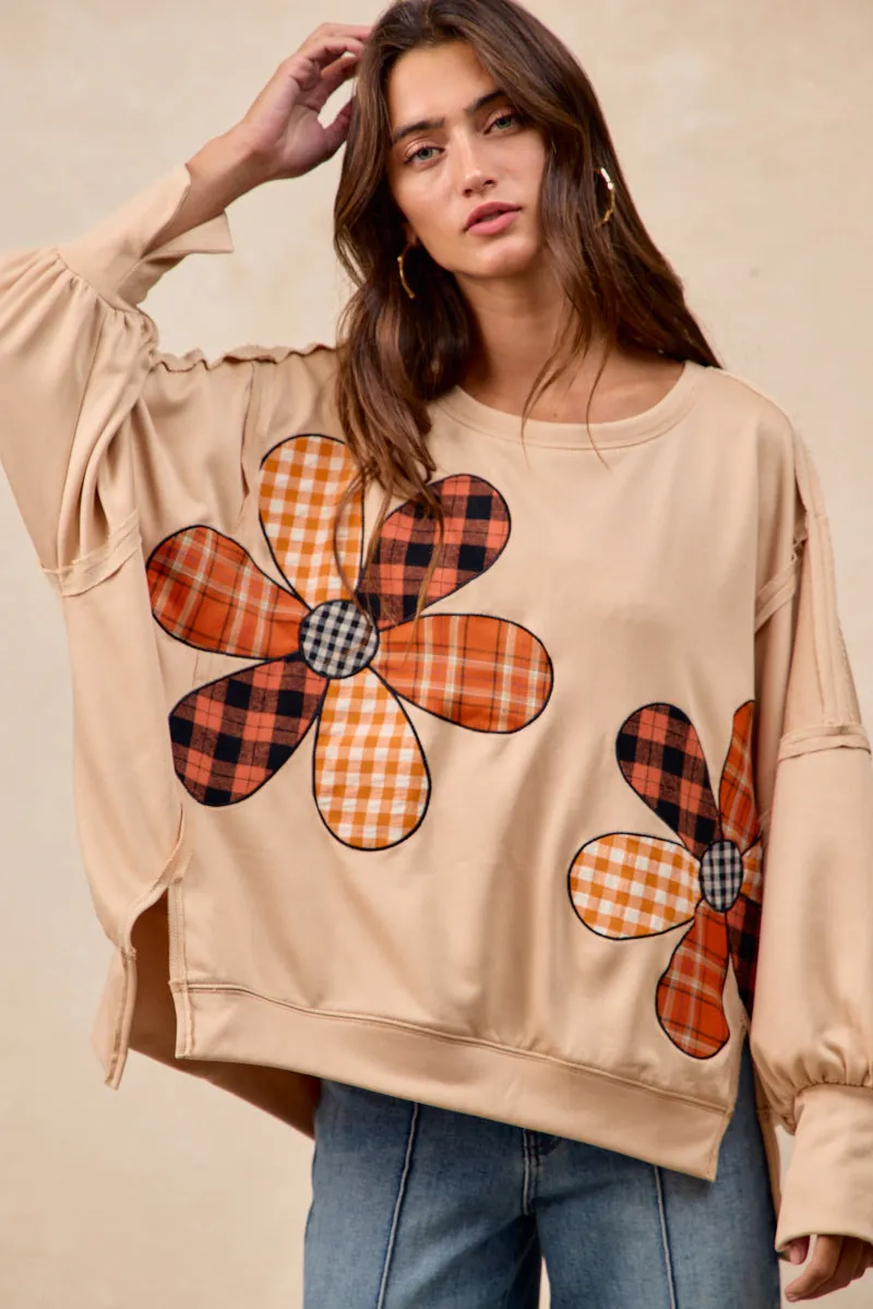 Dark wash Lightweight Flex IT3426G-28 | PLAID MIX FLOWER PATCHWORK FRENCH TERRY SWEATSHIRT