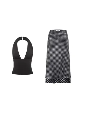 MATHILDE TOP   MARIA SKIRT - BLACK/BLACK AND WHITE POLKA DOT Stretch Woven Material NonIrritating Stitching