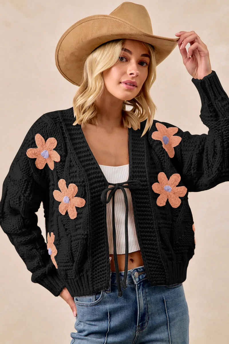 IT4711-01 | FLOWER PATCHED TEXTURE WEAVE SWEATER CARDIGAN Extended Coverage