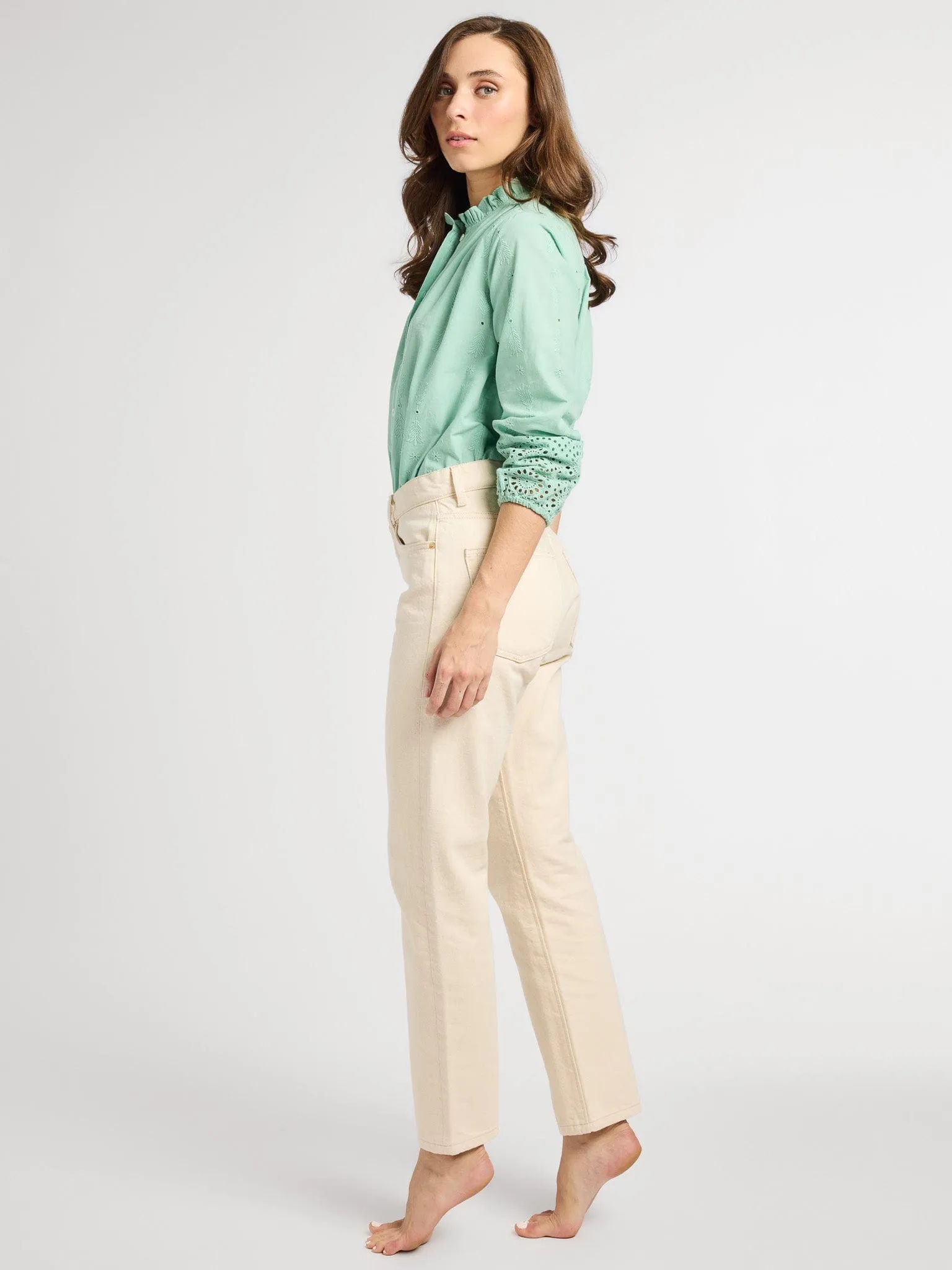 High Density Weave Long Sleeve Shirt Francesca Top in Pistachio Eyelet