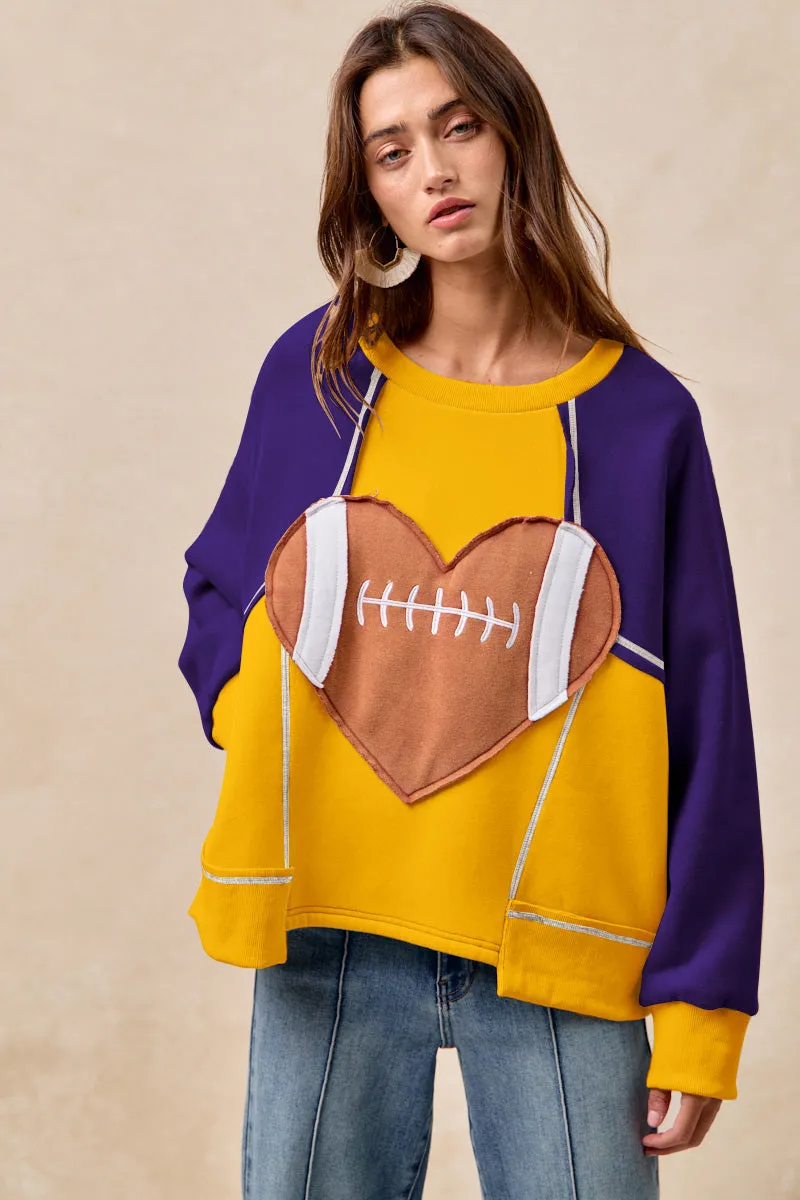 IT4463G-03 | GAMEDAY HEART FOOTBALL PATCHWORK FLEECE SWEATSHIRT Reversible Layering Tech V-neck Shirt
