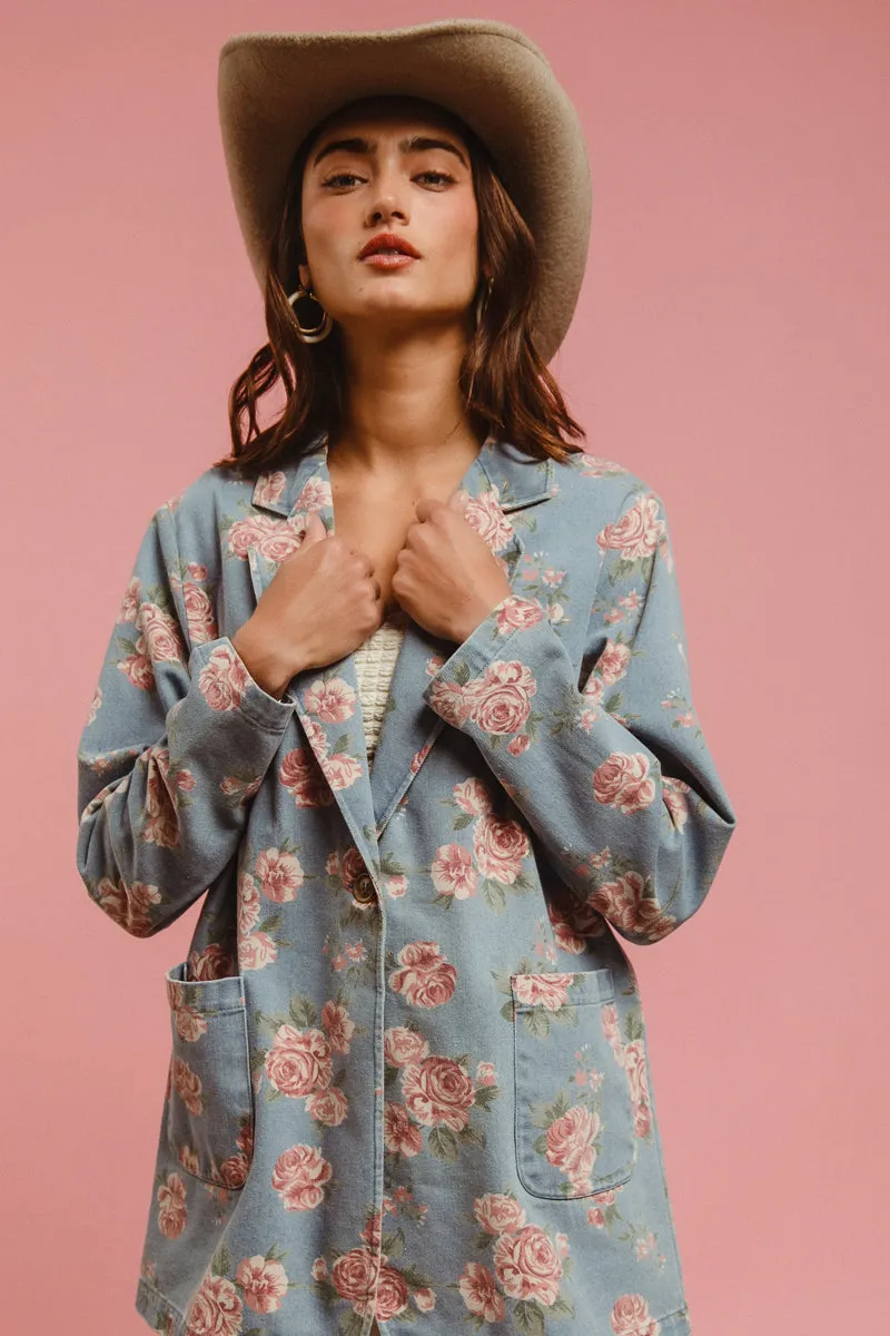 Commuter Friendly Look IP8352G-04P | FLORAL PRINT WASHED DENIM SINGLE BLAZER WITH PATCH POCKET