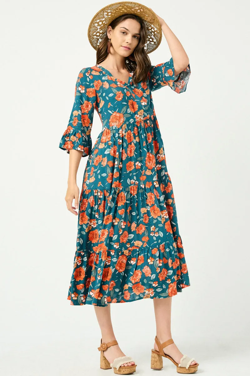 Romantic Floral Ruffle Sleeve Surplice Midi Dress Relax Layers