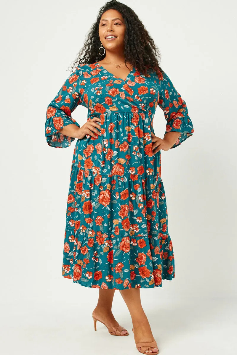 Romantic Floral Ruffle Sleeve Surplice Midi Dress High-Fashion