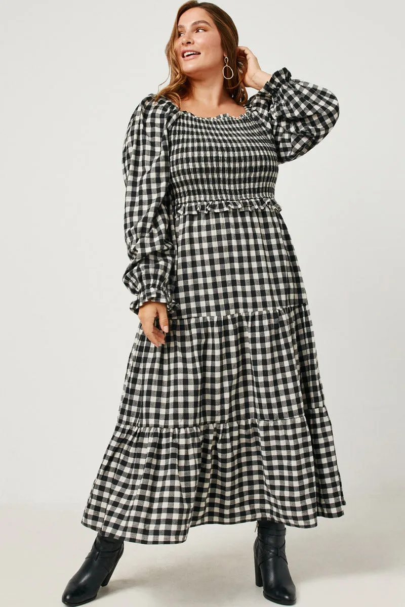 Gingham Print Square Neck Long Sleeve Maxi Dress Knit Warm Sunset Hour