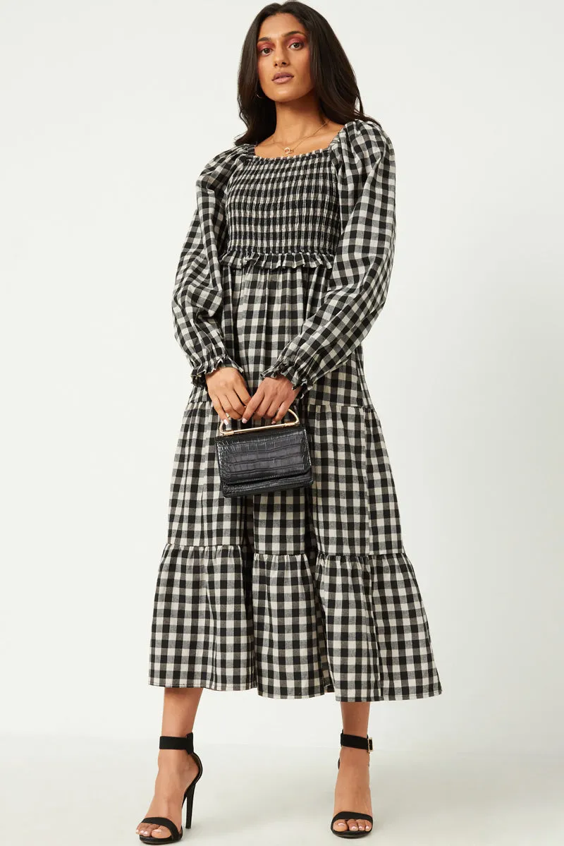 Gingham Print Square Neck Long Sleeve Maxi Dress Red-Carpet Delicate Mood
