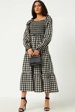 Daily Confidence Fitted Neat Gingham Print Square Neck Long Sleeve Maxi Dress