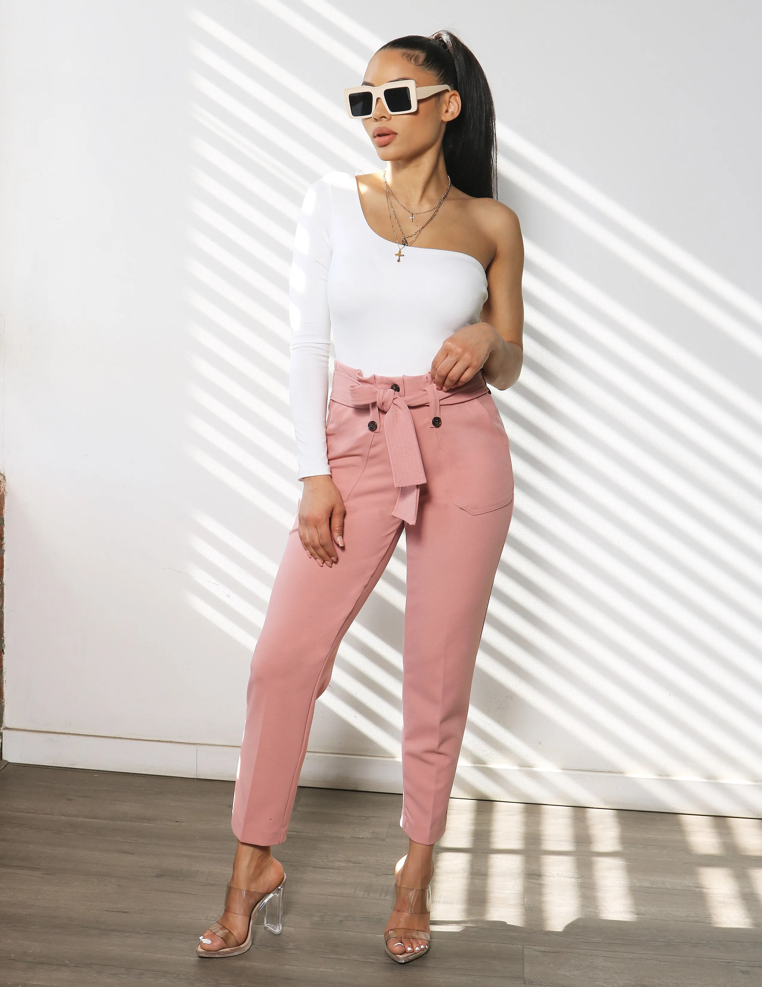 Good Vibes Knit Crepe High Rise Paperbag Waist Trouser NonRestrictiveFit