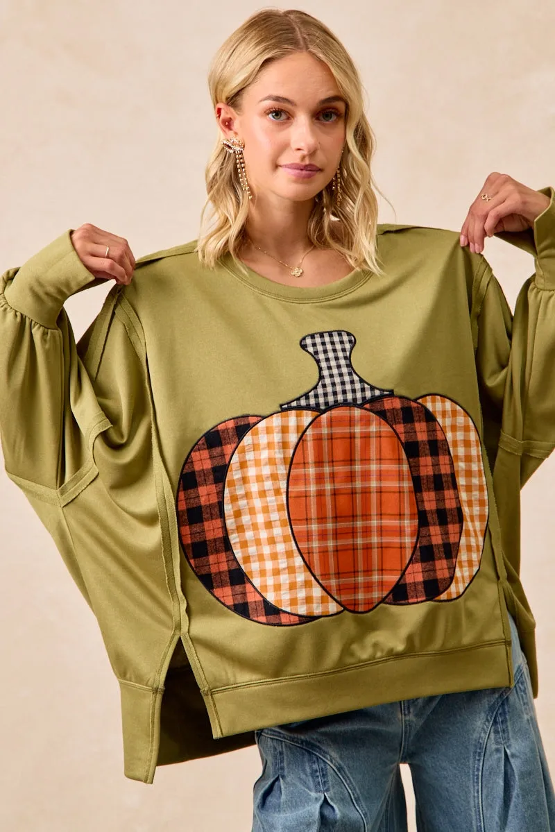 Layered Cuff System Buttery Soft Handfeel IT3426G-27 | PLAID PUMPKIN PATCHWORK FRENCH TERRY SWEATSHIRT