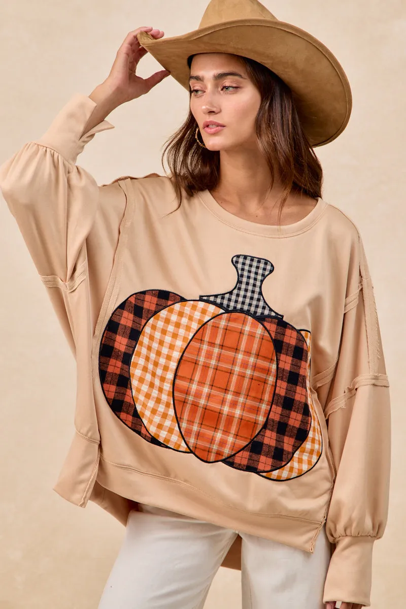 IT3426G-27 | PLAID PUMPKIN PATCHWORK FRENCH TERRY SWEATSHIRT Ergonomic Shoulder Fit