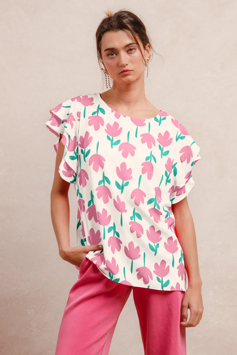 IT4183S-01M | FLOWER PRINTED WOVEN RUFFLED SLEEVES TOP Flexible Hood Design Flexible Fleece Lining