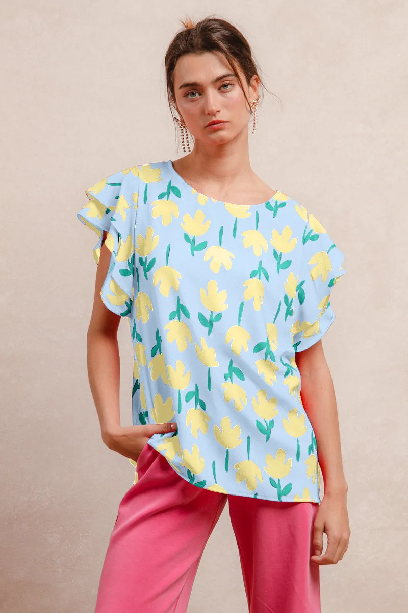 IT4183S-01M | FLOWER PRINTED WOVEN RUFFLED SLEEVES TOP Functional Zip Detail