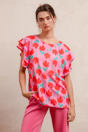 IT4183S-01M | FLOWER PRINTED WOVEN RUFFLED SLEEVES TOP Adventure Day Look Drop Tail Hem