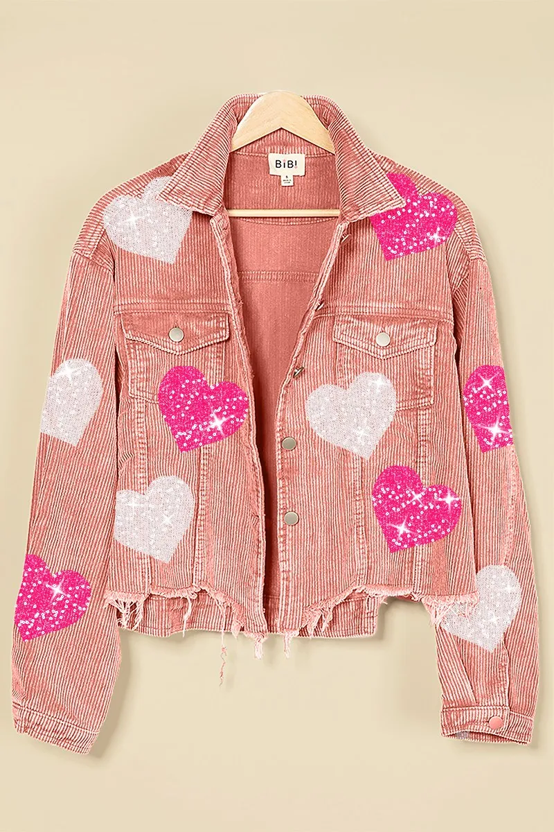 IP6187G-27 | SEQUIN HEART PATCHES WASHED CORDUROY JACKET Flexible Knee Articulation