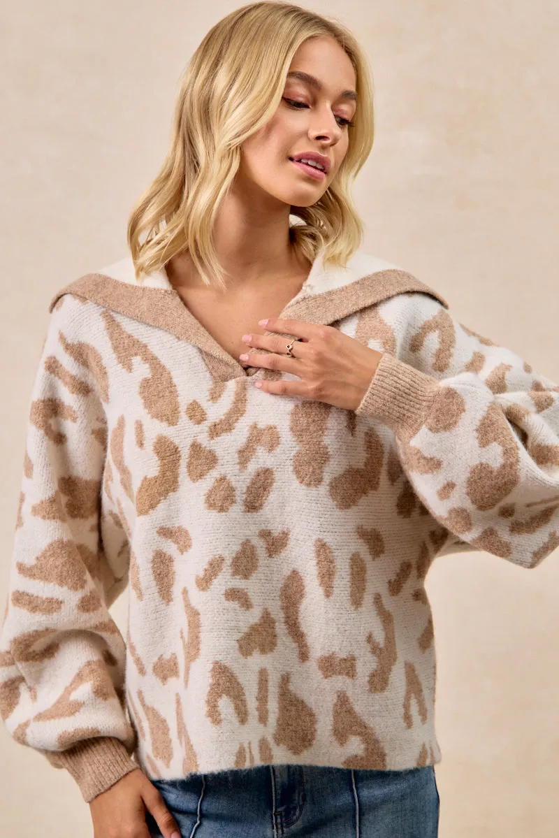 IT4523S-03 | LEOPARD SWEATER COLLARED SWEATER TOP Bonded Seam Technology