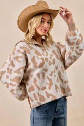 Flexible Knees IT4523S-03 | LEOPARD SWEATER COLLARED SWEATER TOP