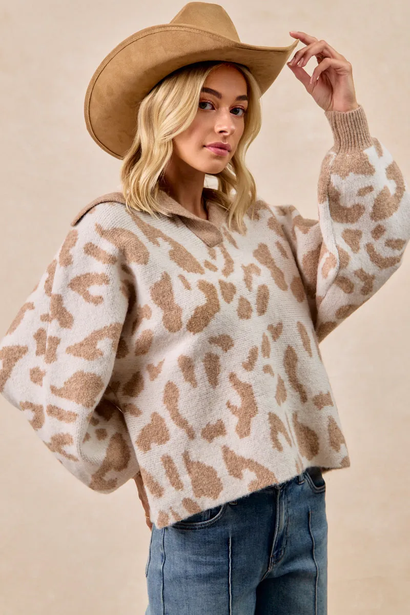 Bi Stretch Fabric Anti Bacterial Treatment IT4523S-03 | LEOPARD SWEATER COLLARED SWEATER TOP