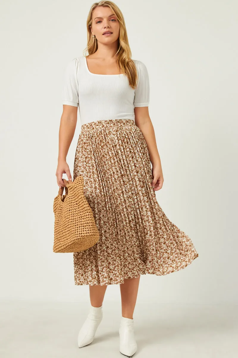 All Day Wear City Ready Elastic Waist Pleated Ditsy Floral Midi Skirt