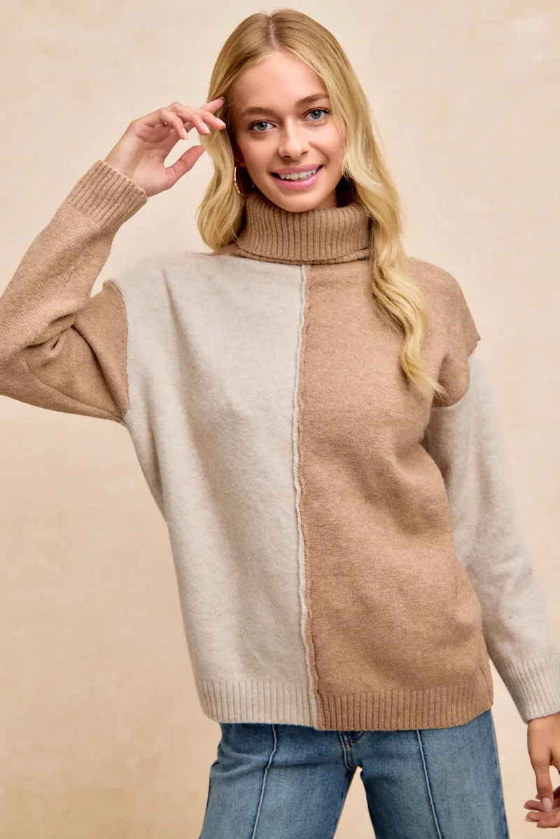 IT4908S-01 | COLOR BLOCK TURTLE NECK SWEATER TOP Anti Snag Fabric Non Irritating