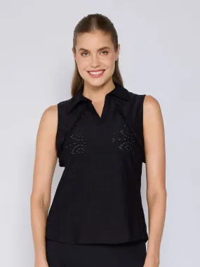 Sleeveless Ruffle Polo Top in Black Eyelet UltraSoft Blend Printed Blouse
