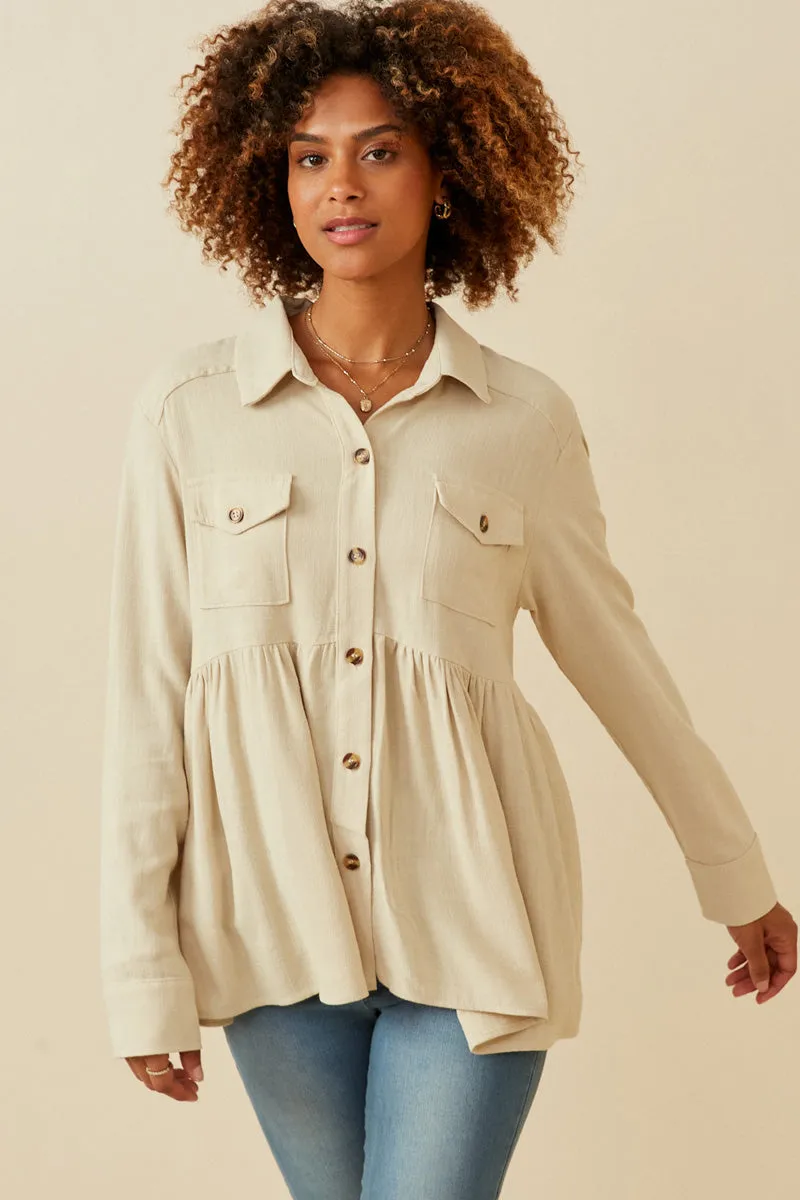 Linen Blend Peplum Button Up Shirt Relaxed Dress
