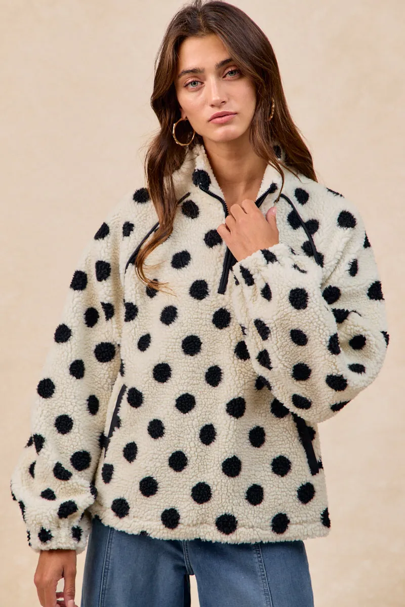 Elegant Fabric Modern Touch IT4755S-02 | POLKA DOT SHERPA HALF ZIP UP TOP WITH SIDE POCKET