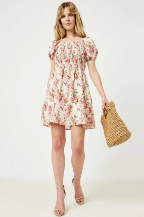 Romantic Soft Floral Puff Sleeve Mix Smocked Mini Dress