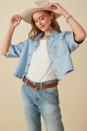 Casual Trend Moisture Wicking Fabric Frayed Hem Boxy Cropped Denim Chore Jacket