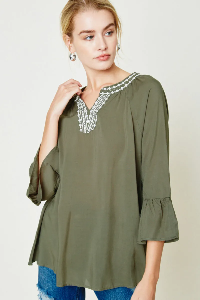 No Iron Fabric Embroidered Bell Sleeve Tunic Top