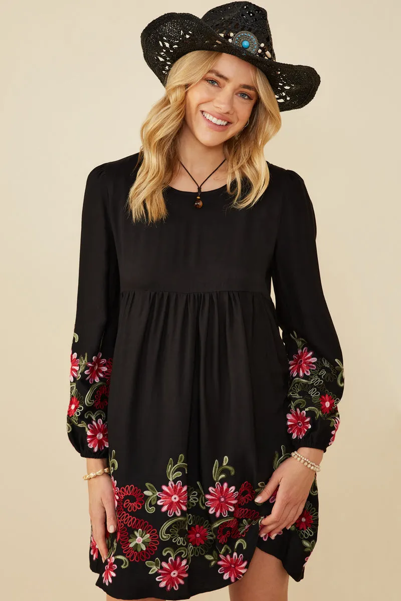 Silk Shine Embroidered Detail Long Sleeve Scoop Neck Dress