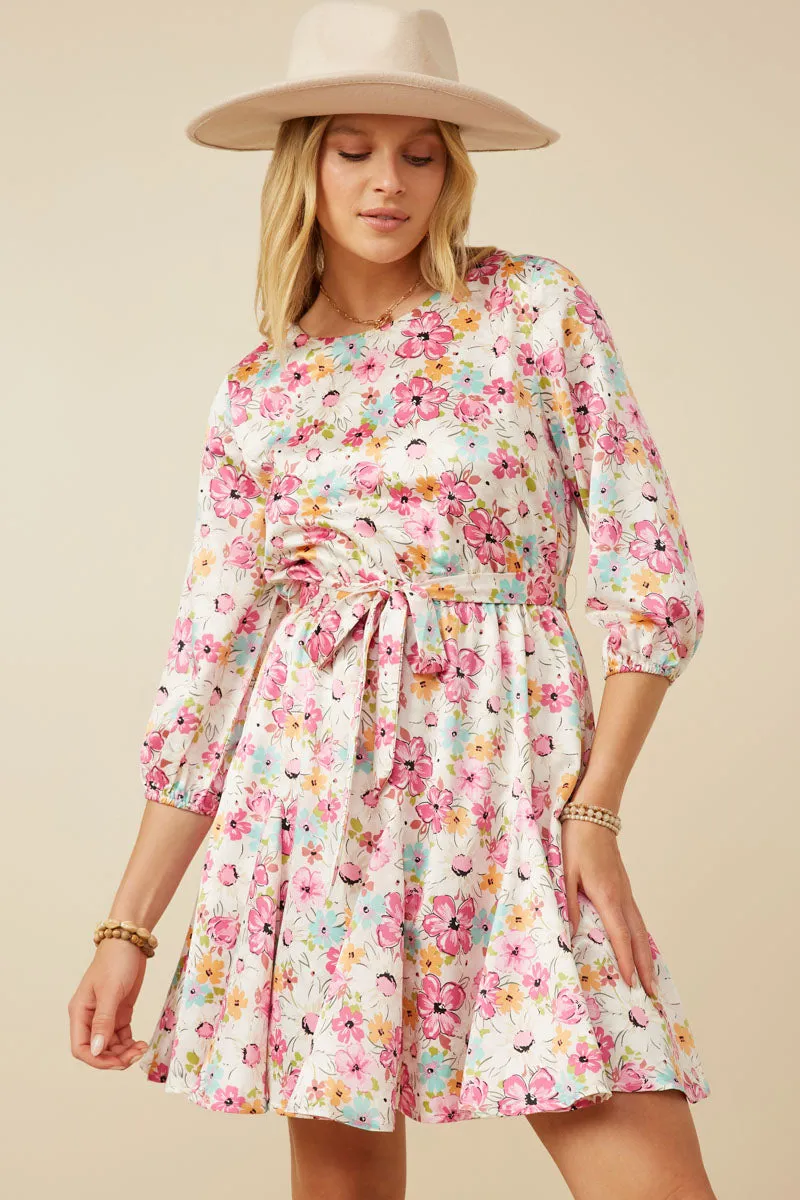 Satin Floral Long Sleeve Belted Flare Skirt Dress Tactile Feel Classic Motion
