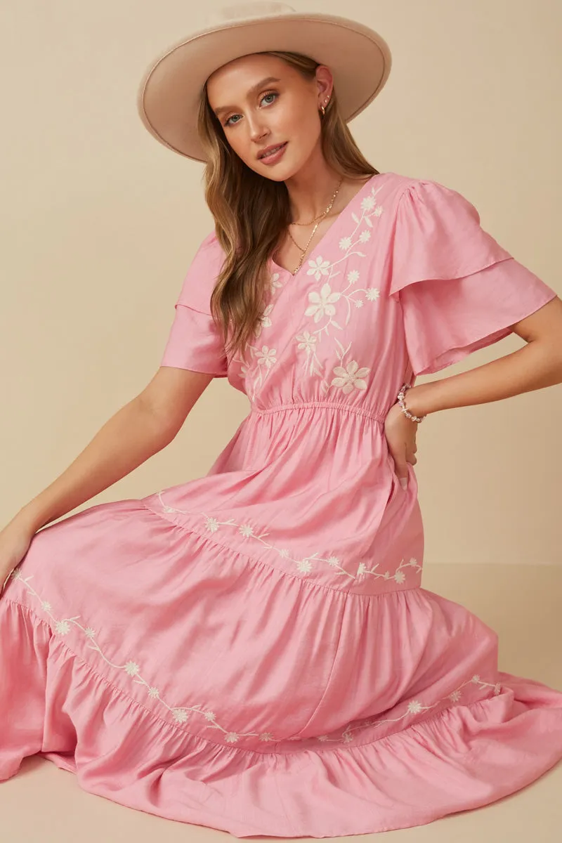 Lounge Cut Embroidered Ruffle Sleeve Tiered Dress