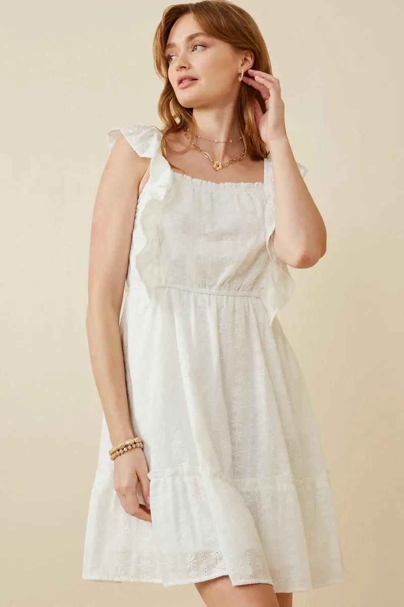 Holiday Wear Embroidered Square Neck Ruffled Smock Back Tank Dress